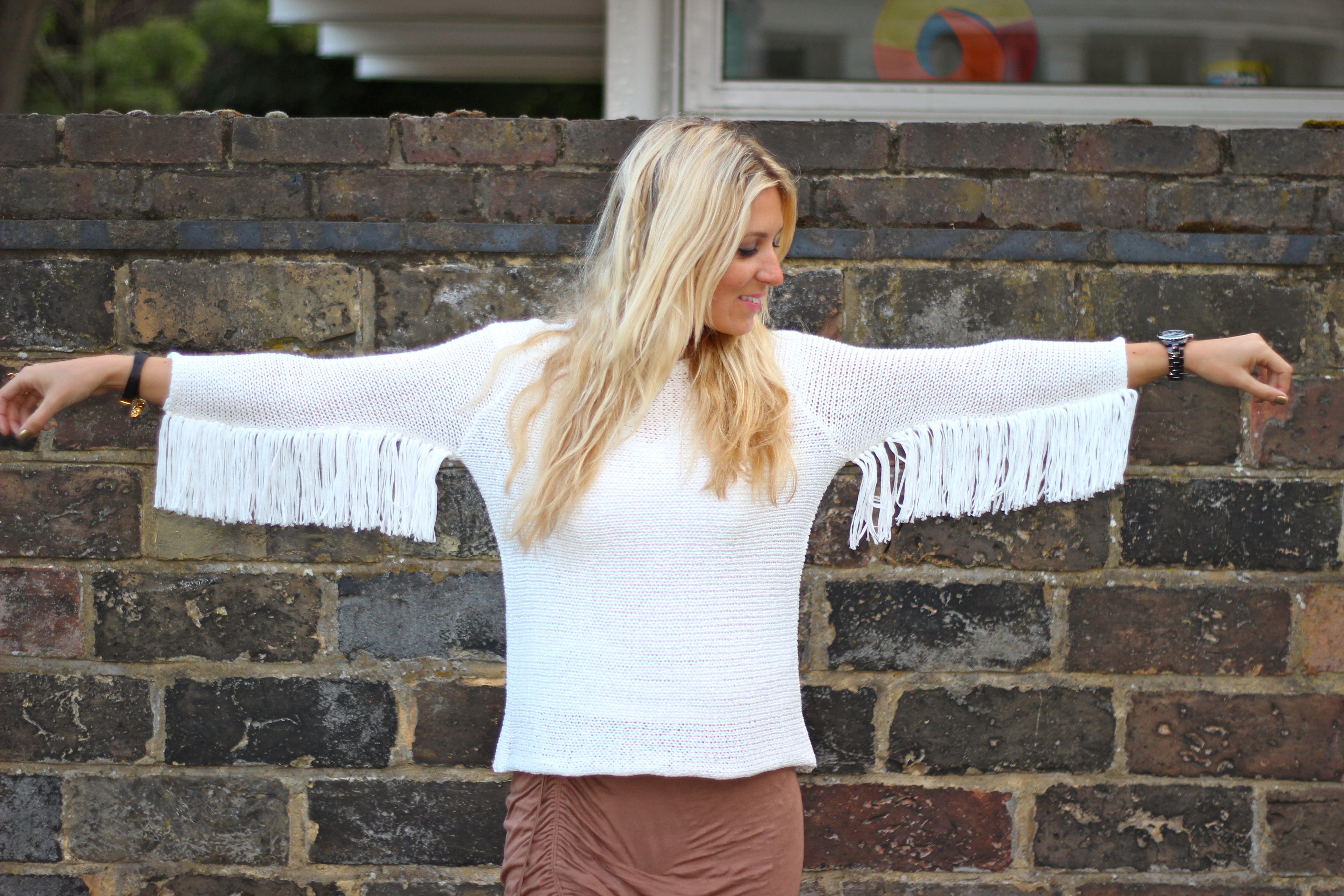 white sara knitted tassel jumper tassel arms summer knitwear fashion blog