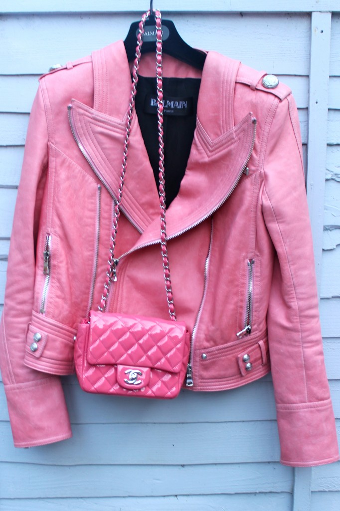 pink leather balmain jacket