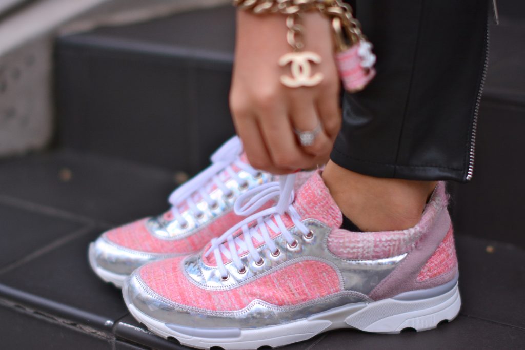 CHANEL PINK TWEED TRAINERS